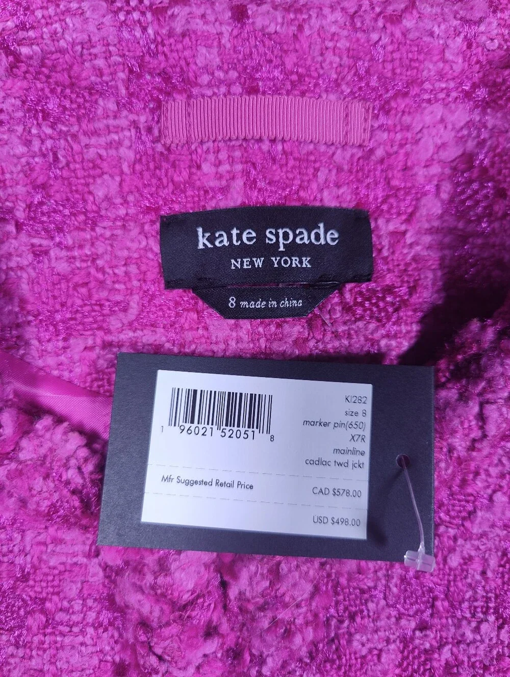 NWT Kate Spade Cadillac Tweed Wool Blend Pink Check Jacket Size 8 Retail 498$